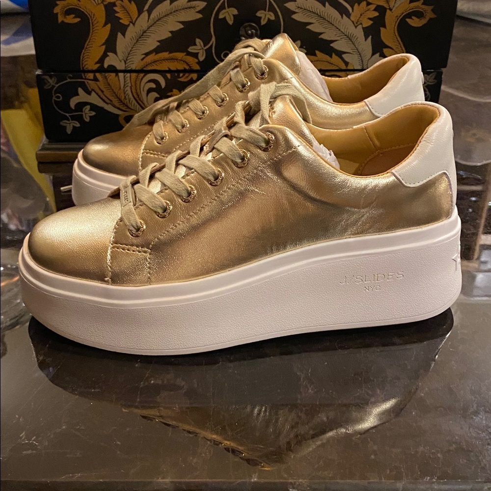 J Slides Gold Platform Sneakers